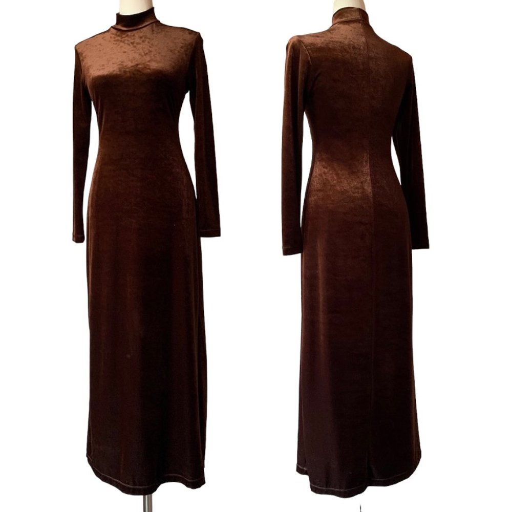 _Vintage brown velvet long sleeve mock turtleneck maxi cocktail dress - size M